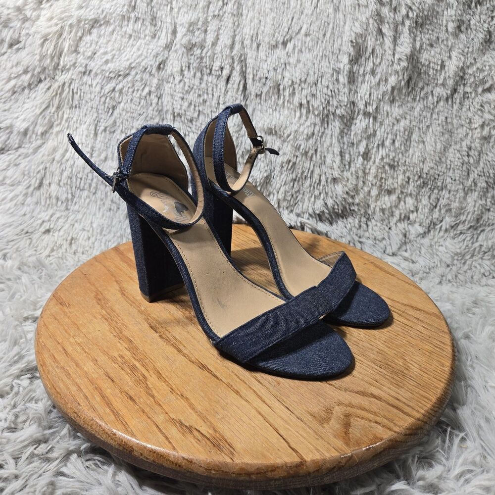 BRASH Blue Denim Heels Ankle Strap Cotton 4" Block Heels Womens 8 Adjustable